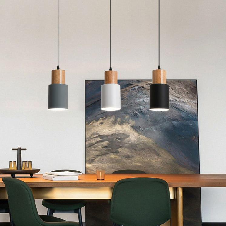 Modern Minimalist Round Cylinder Solid Wood Hardware 1-Light Pendant Light For Living Room