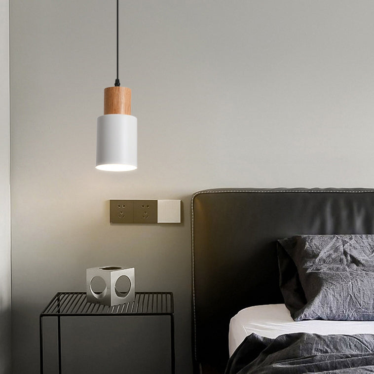 Modern Minimalist Round Cylinder Solid Wood Hardware 1-Light Pendant Light For Living Room