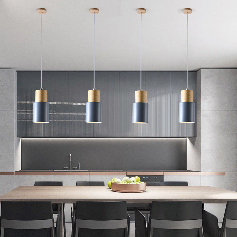 Modern Minimalist Round Cylinder Solid Wood Hardware 1-Light Pendant Light For Living Room