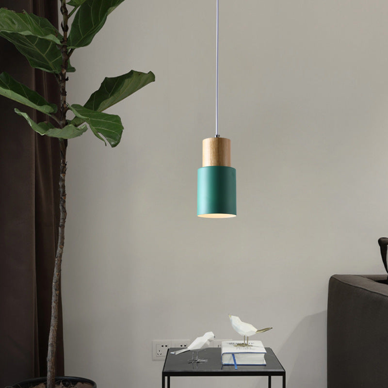 Modern Minimalist Round Cylinder Solid Wood Hardware 1-Light Pendant Light For Living Room