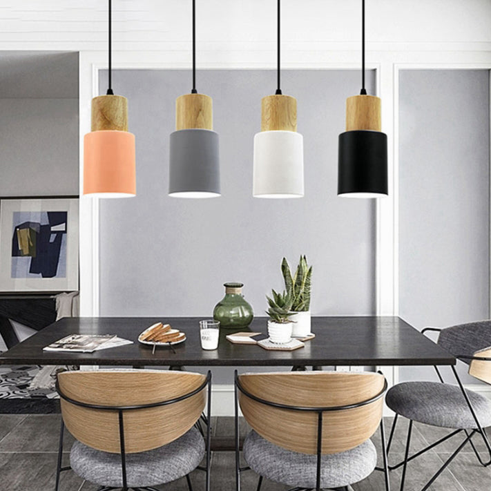 Modern Minimalist Round Cylinder Solid Wood Hardware 1-Light Pendant Light For Living Room