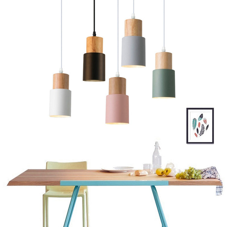 Modern Minimalist Round Cylinder Solid Wood Hardware 1-Light Pendant Light For Living Room
