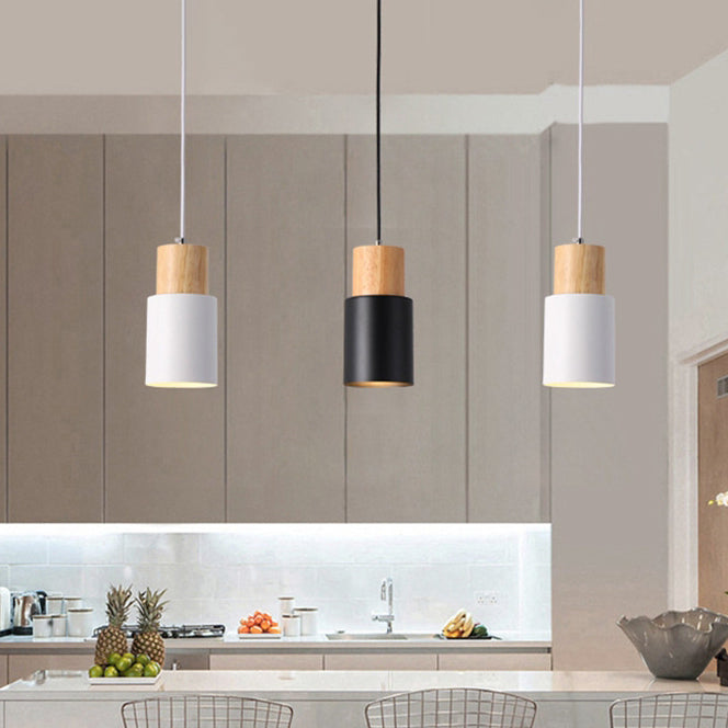 Modern Minimalist Round Cylinder Solid Wood Hardware 1-Light Pendant Light For Living Room