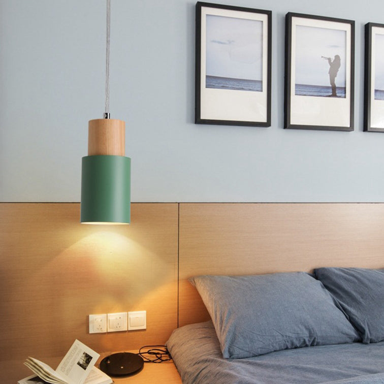 Modern Minimalist Round Cylinder Solid Wood Hardware 1-Light Pendant Light For Living Room