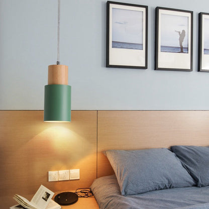 Modern Minimalist Round Cylinder Solid Wood Hardware 1-Light Pendant Light For Living Room