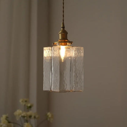 Traditional Vintage Rectangular Brass Glass 1-Light Pendant Light For Living Room