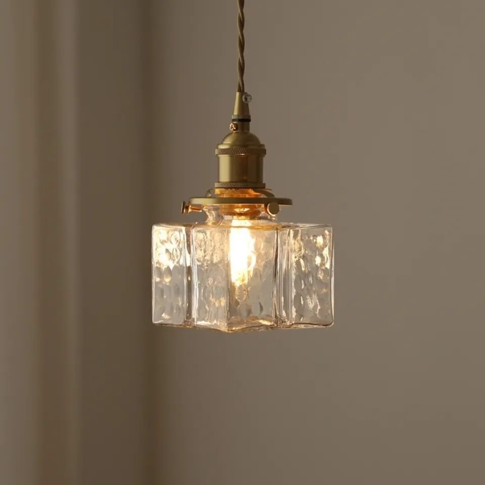 Traditional Vintage Rectangular Brass Glass 1-Light Pendant Light For Living Room