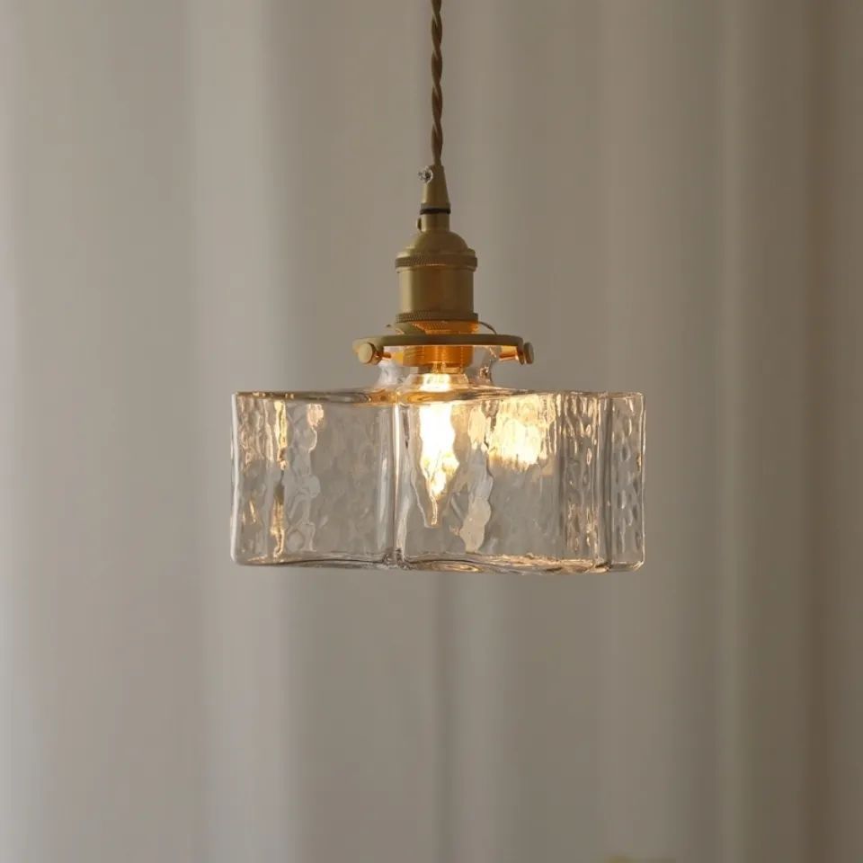 Traditional Vintage Rectangular Brass Glass 1-Light Pendant Light For Living Room