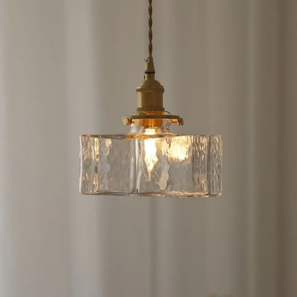 Traditional Vintage Rectangular Brass Glass 1-Light Pendant Light For Living Room