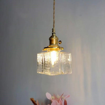 Traditional Vintage Rectangular Brass Glass 1-Light Pendant Light For Living Room