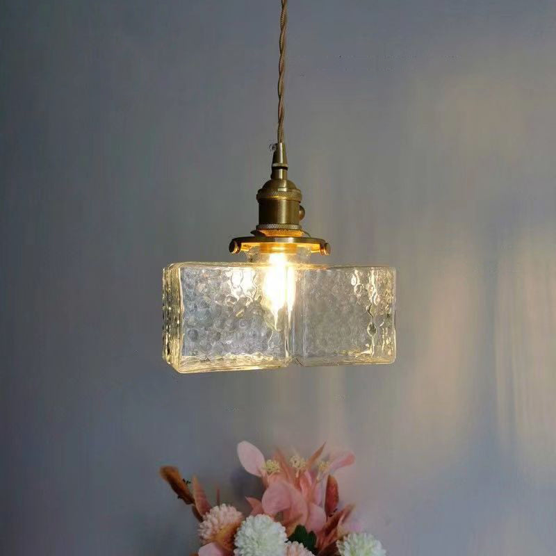 Traditional Vintage Rectangular Brass Glass 1-Light Pendant Light For Living Room