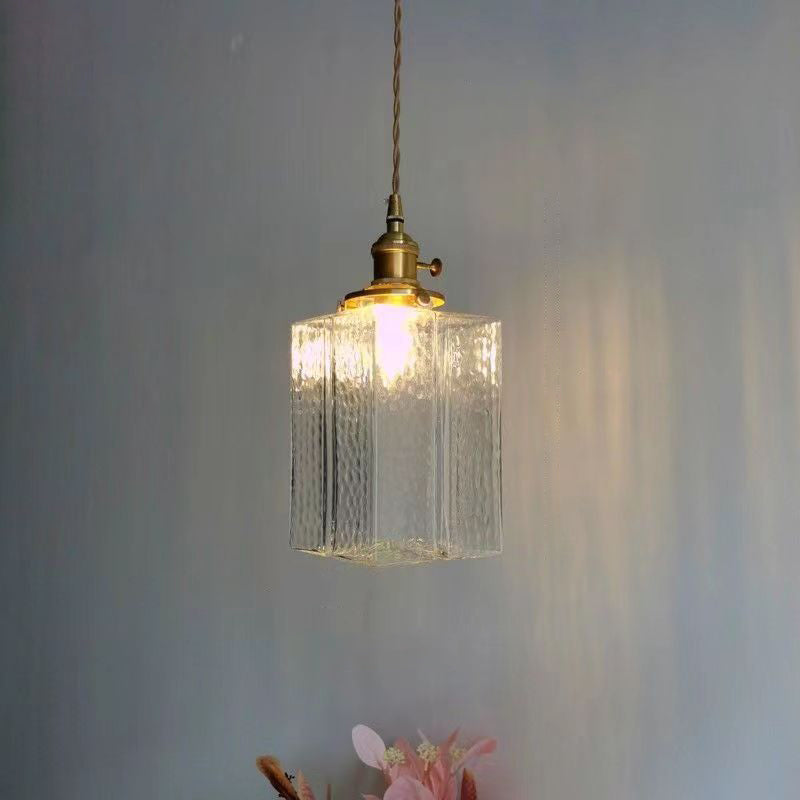 Traditional Vintage Rectangular Brass Glass 1-Light Pendant Light For Living Room