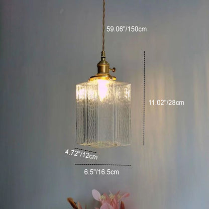 Traditional Vintage Rectangular Brass Glass 1-Light Pendant Light For Living Room