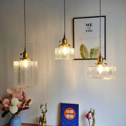 Traditional Vintage Rectangular Brass Glass 1-Light Pendant Light For Living Room