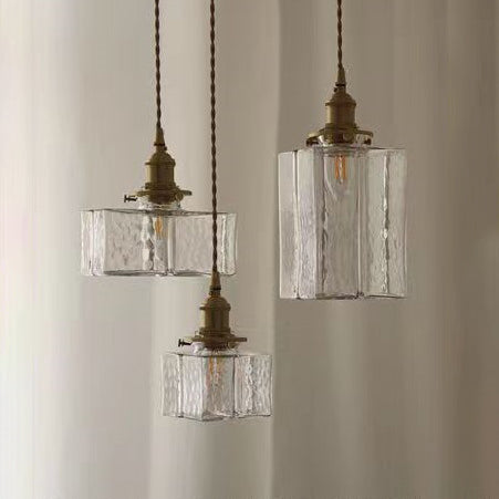 Traditional Vintage Rectangular Brass Glass 1-Light Pendant Light For Living Room