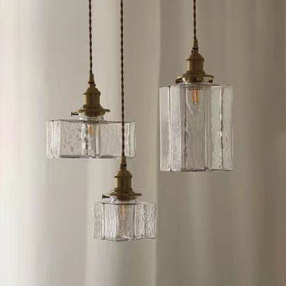 Traditional Vintage Rectangular Brass Glass 1-Light Pendant Light For Living Room