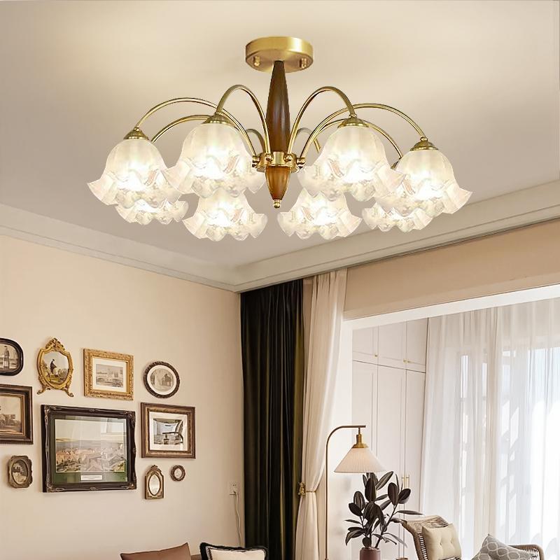 Traditional Vintage Branch Curved Rod Flower Wood Iron Frame Acrylic 3/6/8/10 Light Semi-Flush Mount Ceiling Light For Living Room