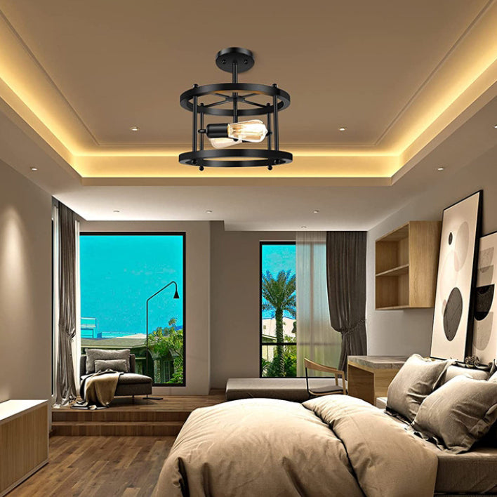 Traditional Vintage Round Hollowed Out Iron Frame 2-Light Semi-Flush Mount Ceiling Light For Living Room