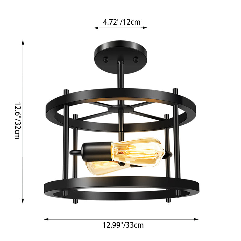 Traditional Vintage Round Hollowed Out Iron Frame 2-Light Semi-Flush Mount Ceiling Light For Living Room
