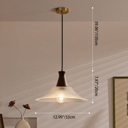 Traditional Japanese Round Cone Brass Wood Glass Shade 1-Light Pendant Light For Living Room