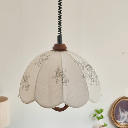 Traditional French Round Dome Floral Print Solid Wood Fabric 1-Light Pendant Light For Living Room