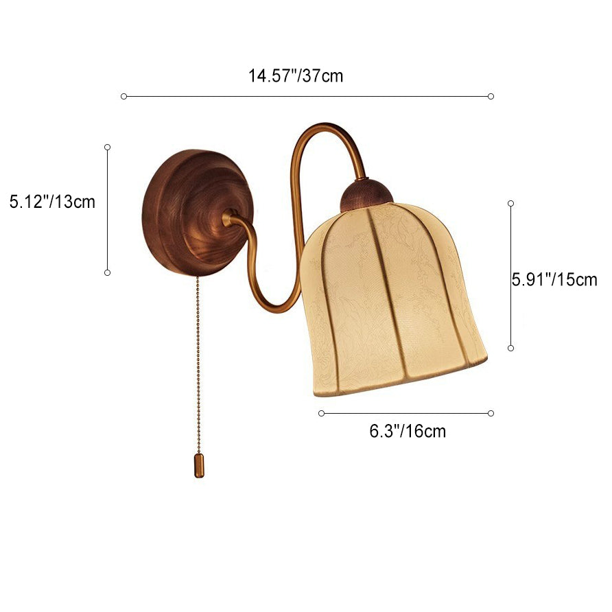 Traditional Vintage Curved Pole Cylinder Fabric Shade Solid Wood Metal Frame 1-Light Wall Sconce Lamp For Bedroom