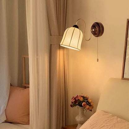 Traditional Vintage Curved Pole Cylinder Fabric Shade Solid Wood Metal Frame 1-Light Wall Sconce Lamp For Bedroom