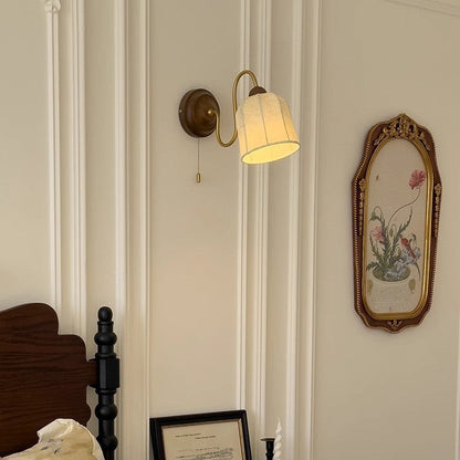 Traditional Vintage Curved Pole Cylinder Fabric Shade Solid Wood Metal Frame 1-Light Wall Sconce Lamp For Bedroom