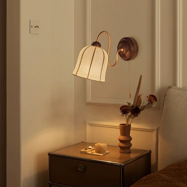 Traditional Vintage Curved Pole Cylinder Fabric Shade Solid Wood Metal Frame 1-Light Wall Sconce Lamp For Bedroom