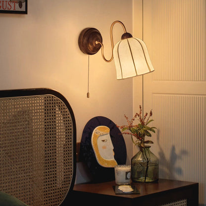 Traditional Vintage Curved Pole Cylinder Fabric Shade Solid Wood Metal Frame 1-Light Wall Sconce Lamp For Bedroom