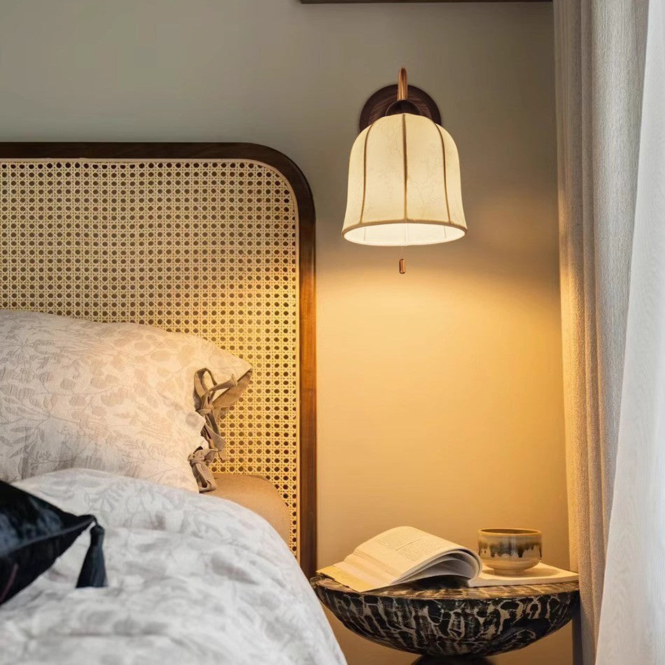 Traditional Vintage Curved Pole Cylinder Fabric Shade Solid Wood Metal Frame 1-Light Wall Sconce Lamp For Bedroom