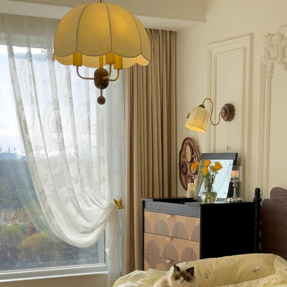 Traditional Vintage Curved Pole Cylinder Fabric Shade Solid Wood Metal Frame 1-Light Wall Sconce Lamp For Bedroom