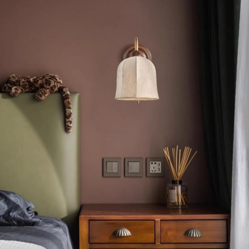 Traditional Vintage Curved Pole Cylinder Fabric Shade Solid Wood Metal Frame 1-Light Wall Sconce Lamp For Bedroom