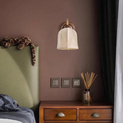 Traditional Vintage Curved Pole Cylinder Fabric Shade Solid Wood Metal Frame 1-Light Wall Sconce Lamp For Bedroom