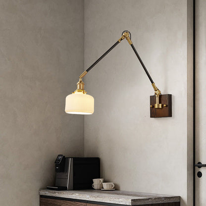 Traditional Vintage Retractable Pole Round Trapezoidal Iron Wood Glass 1-Light Wall Sconce Lamp For Bedroom