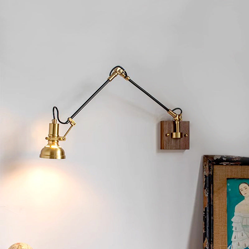 Traditional Vintage Retractable Pole Round Trapezoidal Iron Wood Glass 1-Light Wall Sconce Lamp For Bedroom
