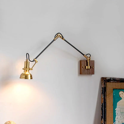 Traditional Vintage Retractable Pole Round Trapezoidal Iron Wood Glass 1-Light Wall Sconce Lamp For Bedroom
