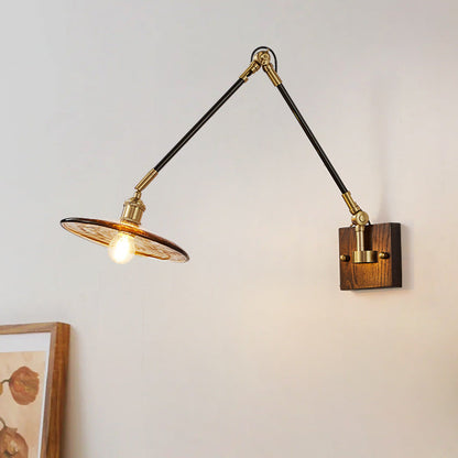 Traditional Vintage Retractable Pole Round Trapezoidal Iron Wood Glass 1-Light Wall Sconce Lamp For Bedroom