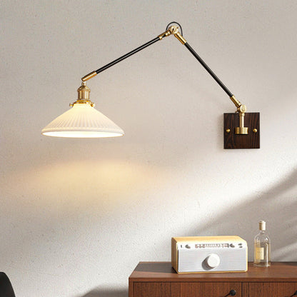 Traditional Vintage Retractable Pole Round Trapezoidal Iron Wood Glass 1-Light Wall Sconce Lamp For Bedroom