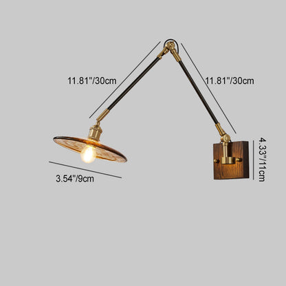 Traditional Vintage Retractable Pole Round Trapezoidal Iron Wood Glass 1-Light Wall Sconce Lamp For Bedroom