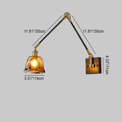 Traditional Vintage Retractable Pole Round Trapezoidal Iron Wood Glass 1-Light Wall Sconce Lamp For Bedroom