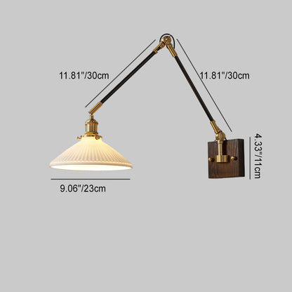 Traditional Vintage Retractable Pole Round Trapezoidal Iron Wood Glass 1-Light Wall Sconce Lamp For Bedroom
