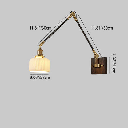 Traditional Vintage Retractable Pole Round Trapezoidal Iron Wood Glass 1-Light Wall Sconce Lamp For Bedroom
