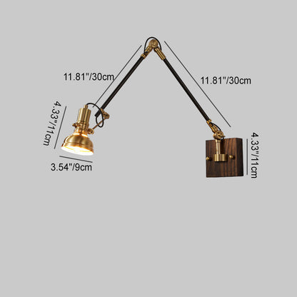 Traditional Vintage Retractable Pole Round Trapezoidal Iron Wood Glass 1-Light Wall Sconce Lamp For Bedroom