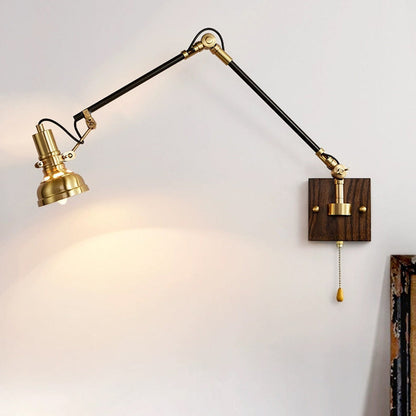 Traditional Vintage Retractable Pole Round Trapezoidal Iron Wood Glass 1-Light Wall Sconce Lamp For Bedroom