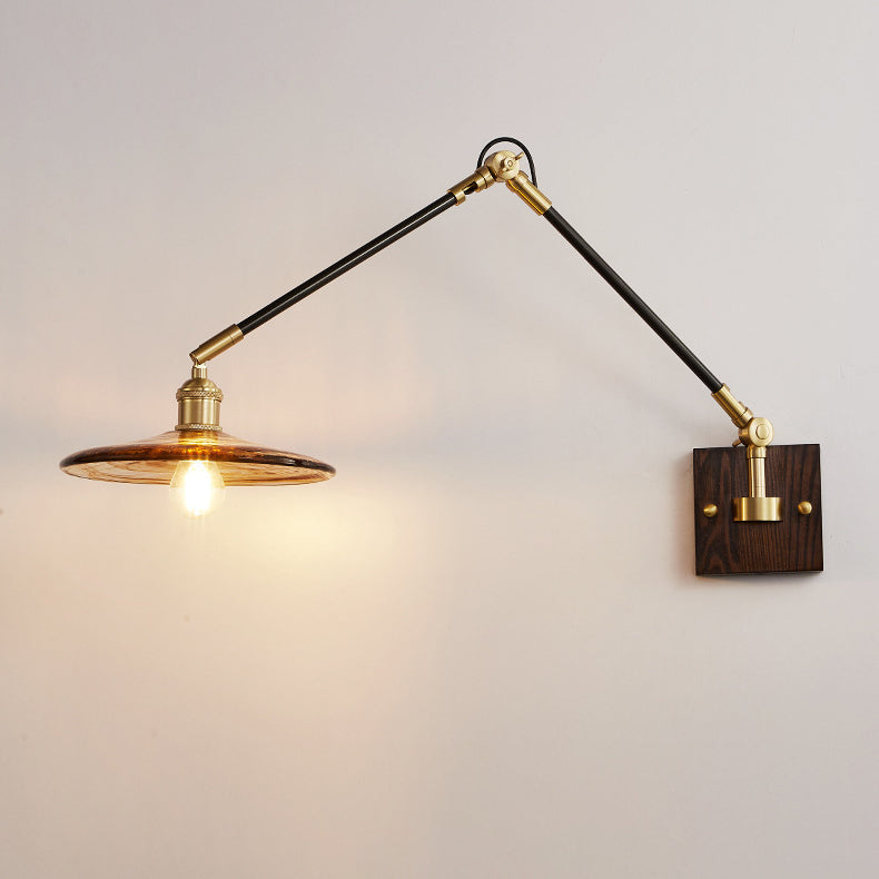 Traditional Vintage Retractable Pole Round Trapezoidal Iron Wood Glass 1-Light Wall Sconce Lamp For Bedroom