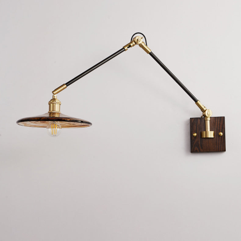 Traditional Vintage Retractable Pole Round Trapezoidal Iron Wood Glass 1-Light Wall Sconce Lamp For Bedroom