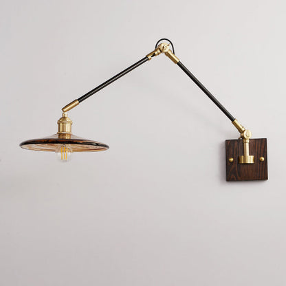Traditional Vintage Retractable Pole Round Trapezoidal Iron Wood Glass 1-Light Wall Sconce Lamp For Bedroom