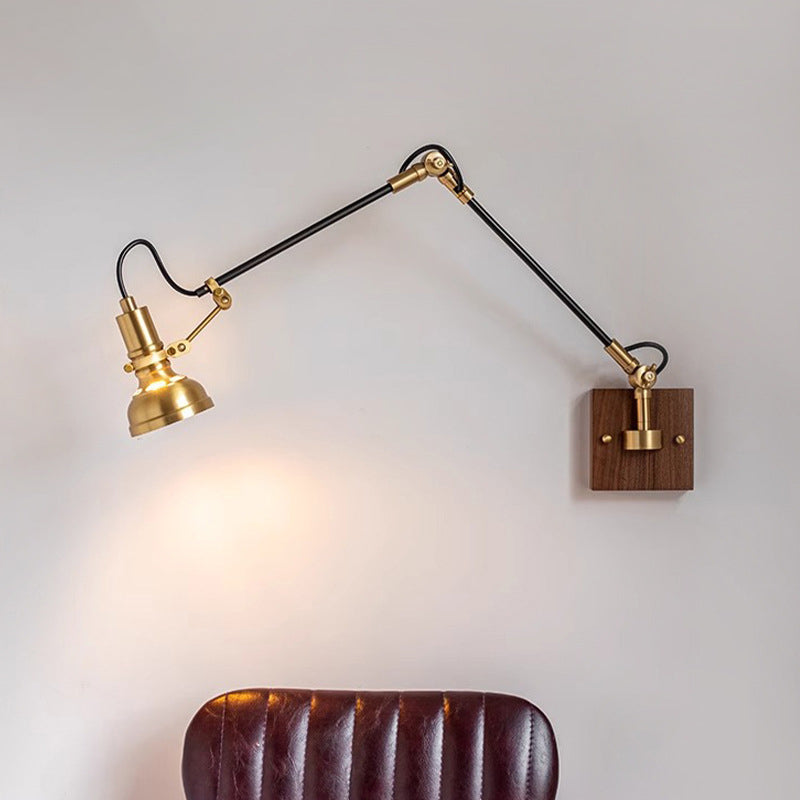 Traditional Vintage Retractable Pole Round Trapezoidal Iron Wood Glass 1-Light Wall Sconce Lamp For Bedroom