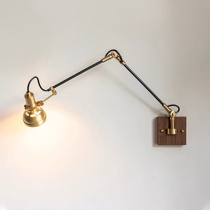 Traditional Vintage Retractable Pole Round Trapezoidal Iron Wood Glass 1-Light Wall Sconce Lamp For Bedroom